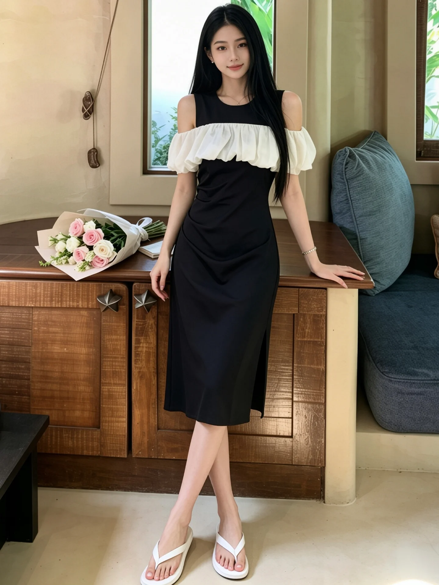 

Elegant Shoulder Bared Sleeve Dress Women's Slim Fit Waist Cinched Black Skirt Party Casual Style Polyester Fiber Short Sleeve