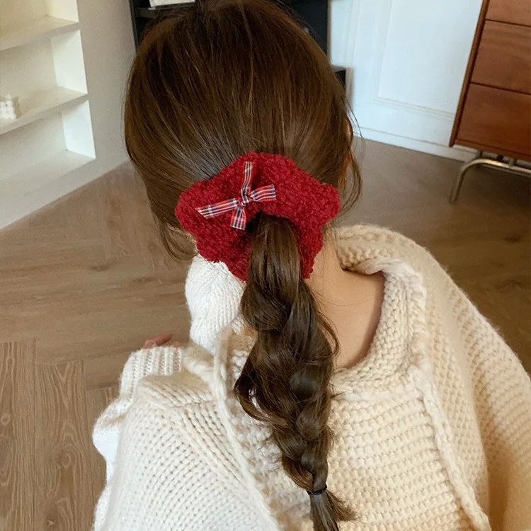 Retro Red Series Lattice Bowknot Plush Hair Scrunchies Women Gentle Hair Ties Gum Ponytail Holder Rubber Band Hair Accessories