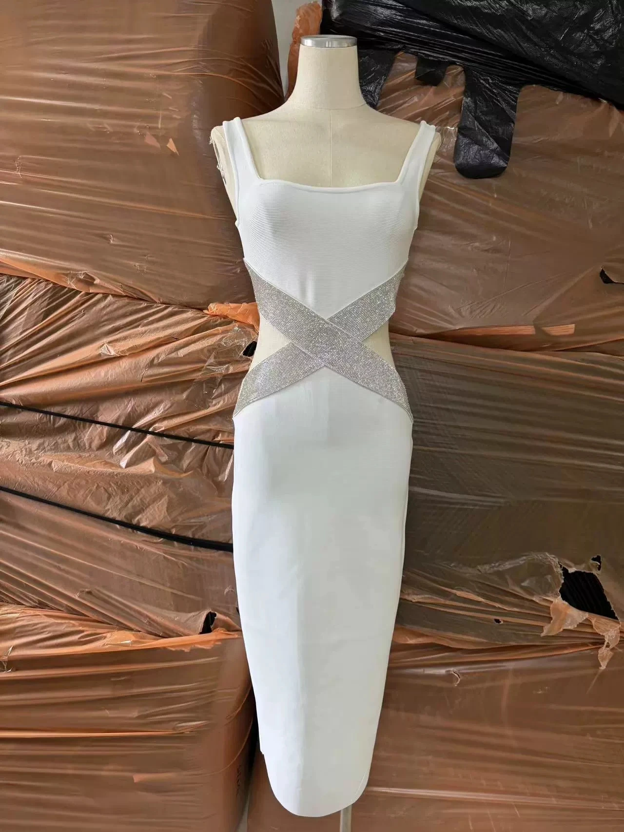 

2025 new sexy hollow hot diamond sleeveless hip-wrapped slimming cross-border bandage dress-GZXX1060