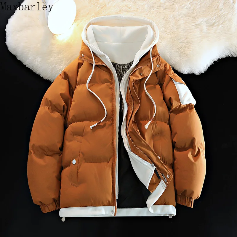 Men's Winter Fake Two-Piece Hooded Jacket Harajuku Thickened Graphene Cold-Proof Filled Cotton Coat Male Casual Loose Warm Parka