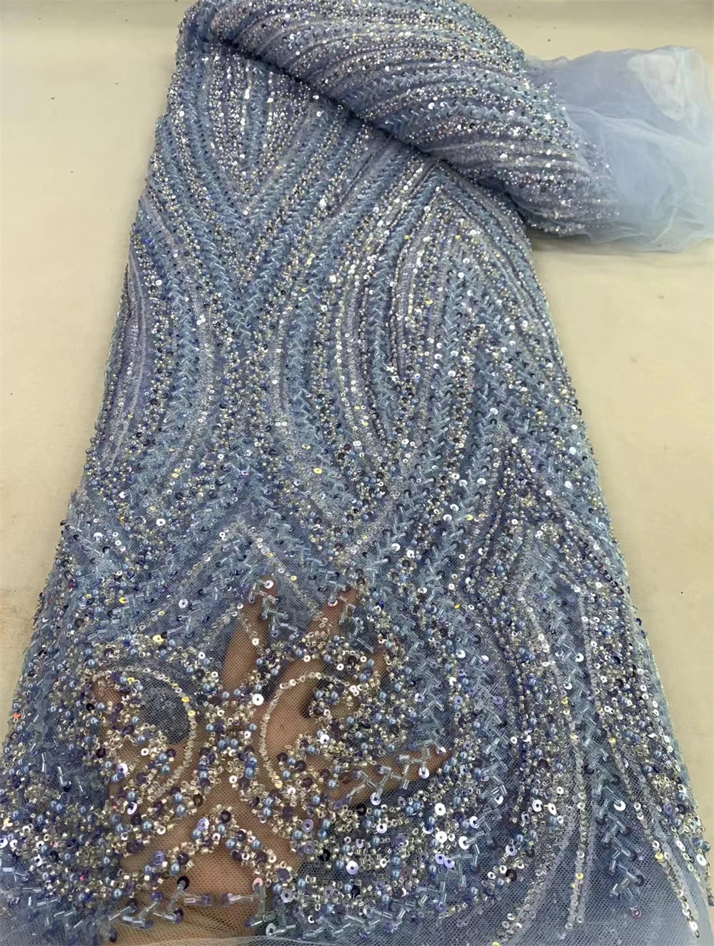 

Luxury Embroidery African Handmade Beaded Lace Fabric 2024 Blue Nigerian French Sequins Net Lace Fabrics For Wedding Party Sew