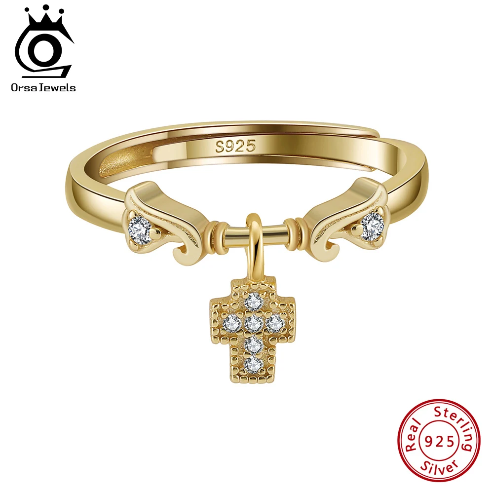 

ORSA JEWELS 925 Sterling Silver Zircon Cross Pendant Ring Adjustable 14K Gold Angel Wings Open Ring CZ anillo Women Gift SR337