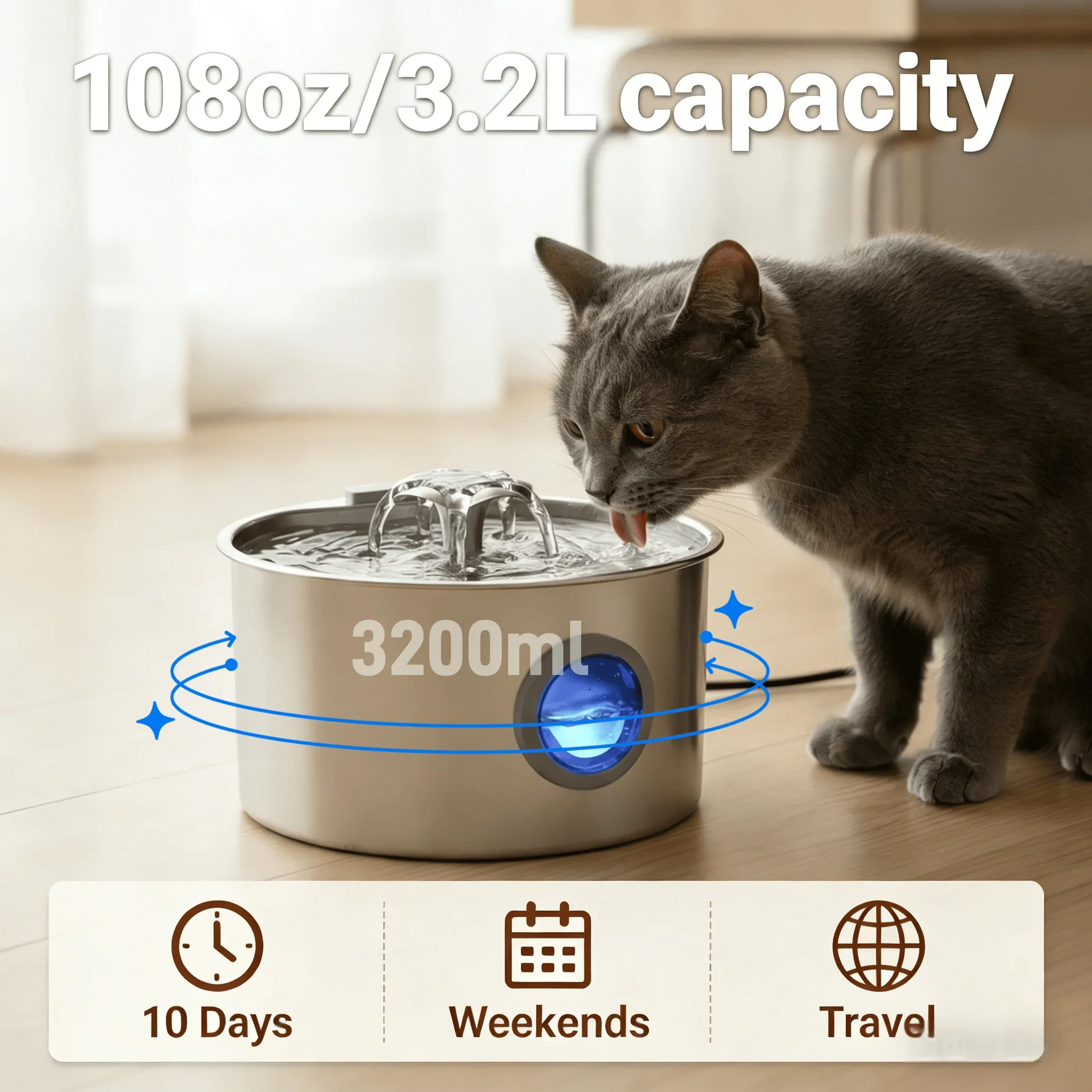 3.2L Ultra Quiet Stainless Steel Cat Water Fountain with Flower Spout Dispenser and Water Level Window for Cats And Dogs Indoor