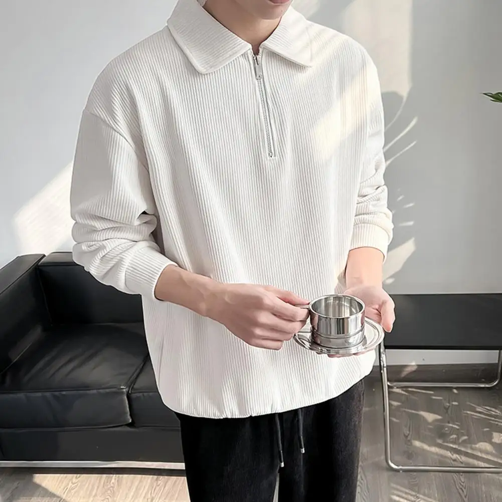 Solid Color Top Stylish Men's Corduroy Half Zipper Pullover Shirt for Office School Fall Spring Fashion with Turn-down Collar