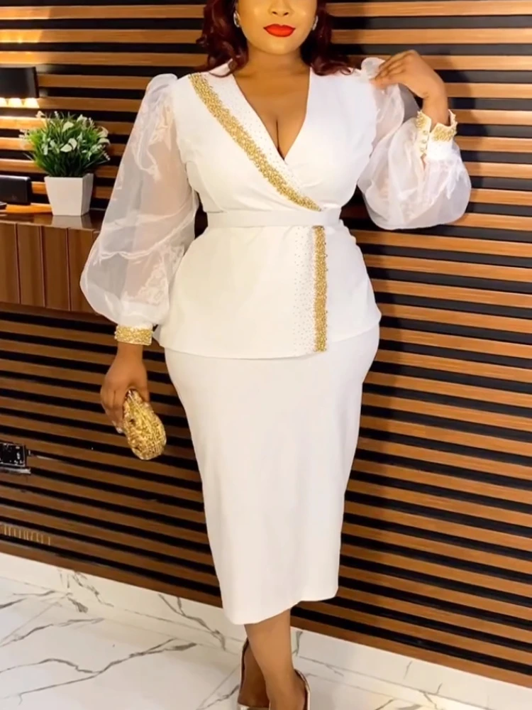 Luxury Women Sets for Elegant 2 Piece Dress Sets Gauze Long Sleeve Deep V Neck Wrap Tops and Pencil Skirts Wedding Guest Gown