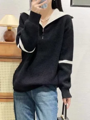 Heavy high lapel 100% cashmere sweater women's thick color matching loose cashmere pullover semi-zipper knit top