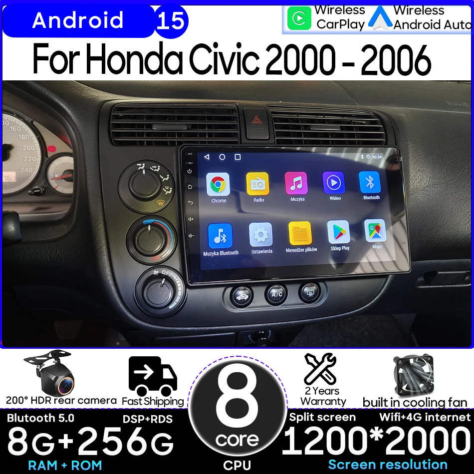 

For Honda Civic 2000 - 2006 Car Multimedia Player Android Wireless Carplay Auto Head Unit Radio Video Stereo Navigation GPS 2din