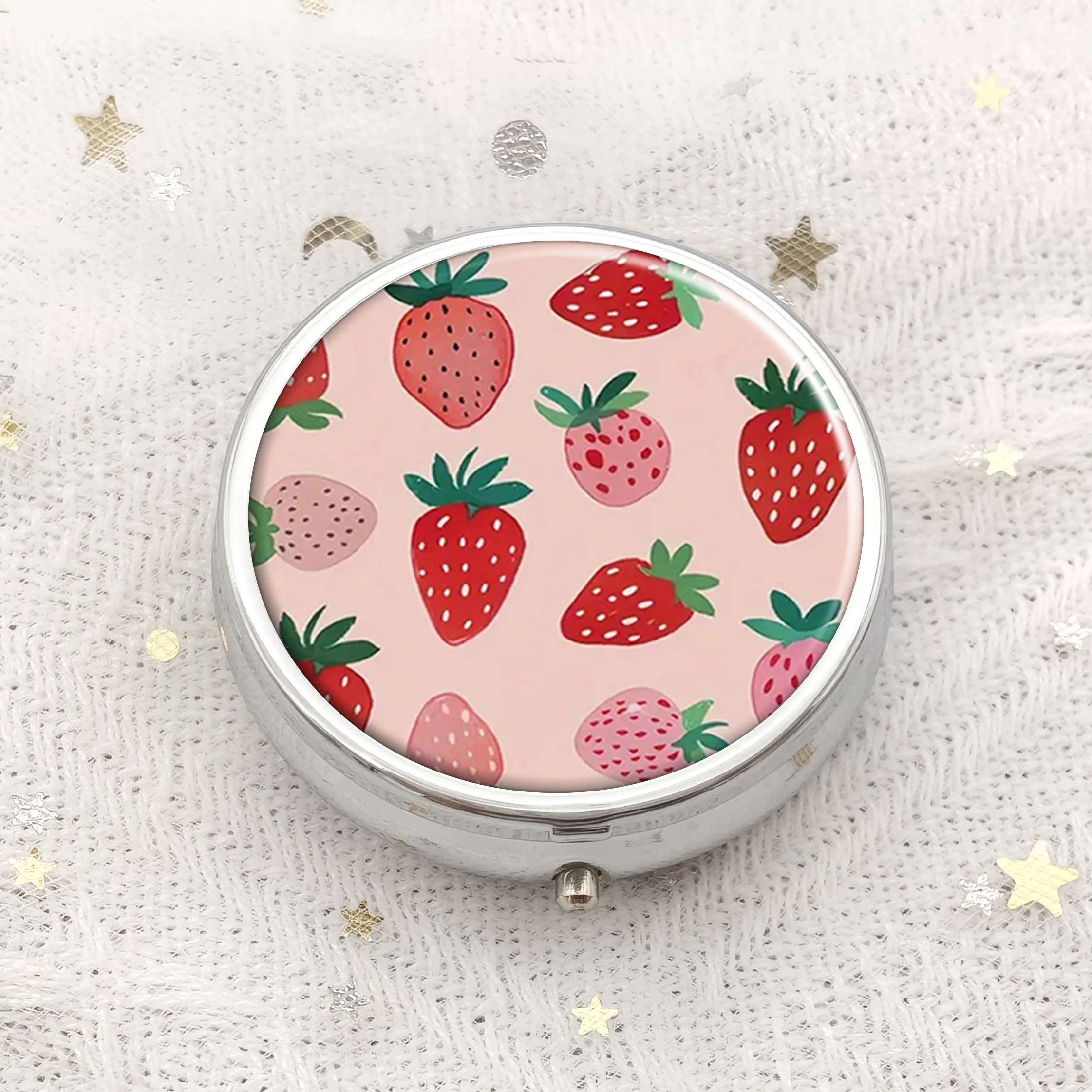 Portable Round Pill Box - Decorative Pocket Pill Box with Mirror - Strawberry Pattern Metal Pill Box - Unique Gift - Mixed Colors (1 Piece)