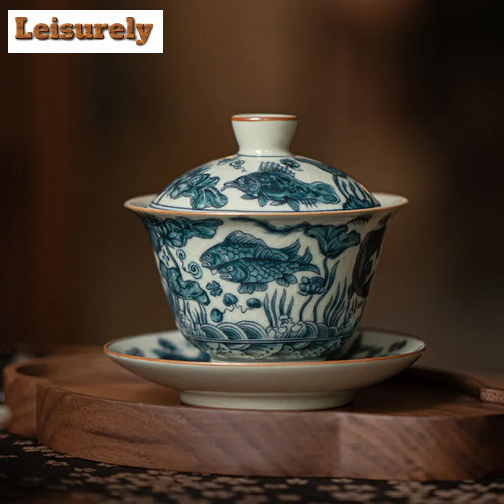 150ml Chinese Fish and Algae Pattern Gaiwan Aesthetic Imitation Song Ru Kiln Tea Tureen Tea Brewing Cover Bowl Cha Teaware Craft