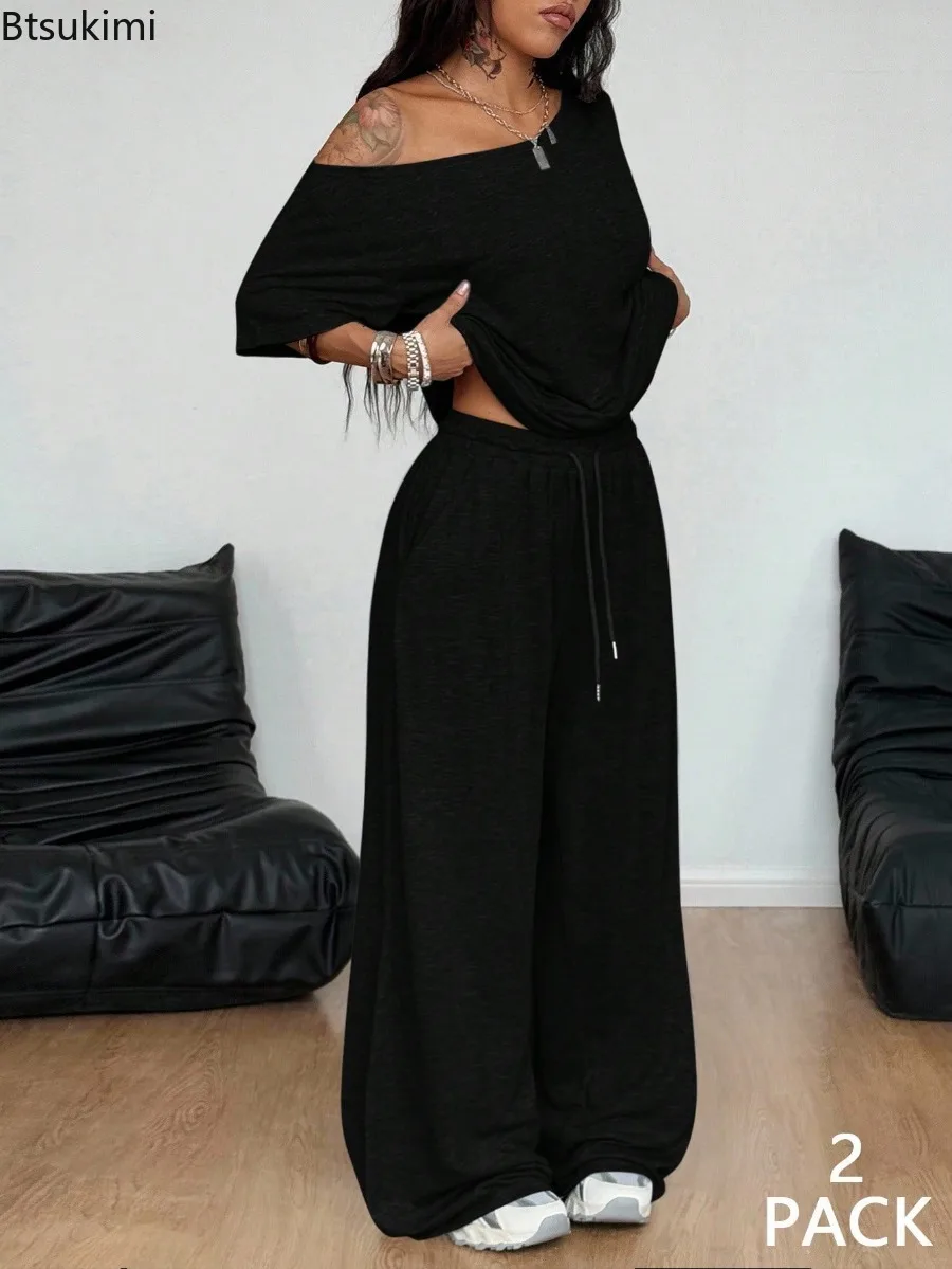 New Women 2 Piece Set Solid Color Off Shoulder Top Wide Leg Pants Long & Short Sleeve Casual Loose Simple Daily Homewear Suit