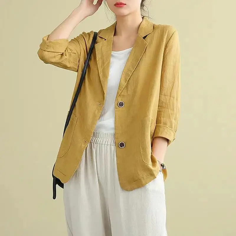 

2023 New Early Autumn Fashion Literature Simple Loose Casual Solid Color Long Sleeve Cotton Linen Suit Short Coat for Women