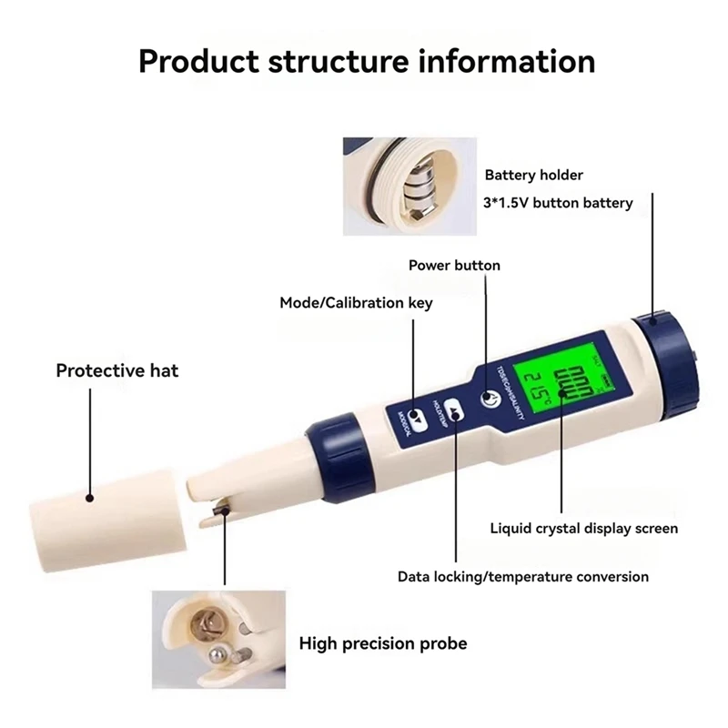 5 In 1 EC TDS Salinità Temperatura PH Meter Tester di qualità dell'acqua per bevande alimentari Contenuto di sale Acquario Acqua di mare ATC