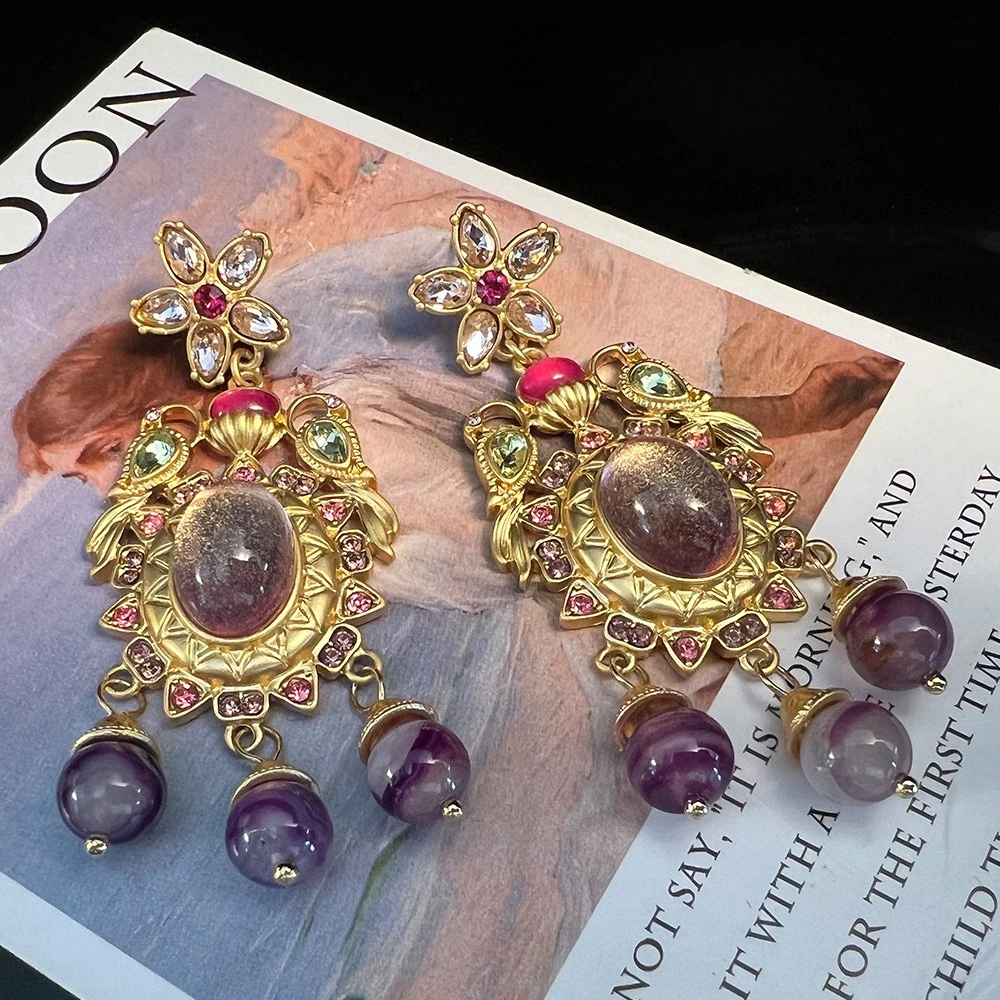 Luxury Vintage Women Earrings Palace Style Fashion Tassel Hyperbole Jewelry Flowers Evening Party Pendientes Mujer Glaze Eardrop