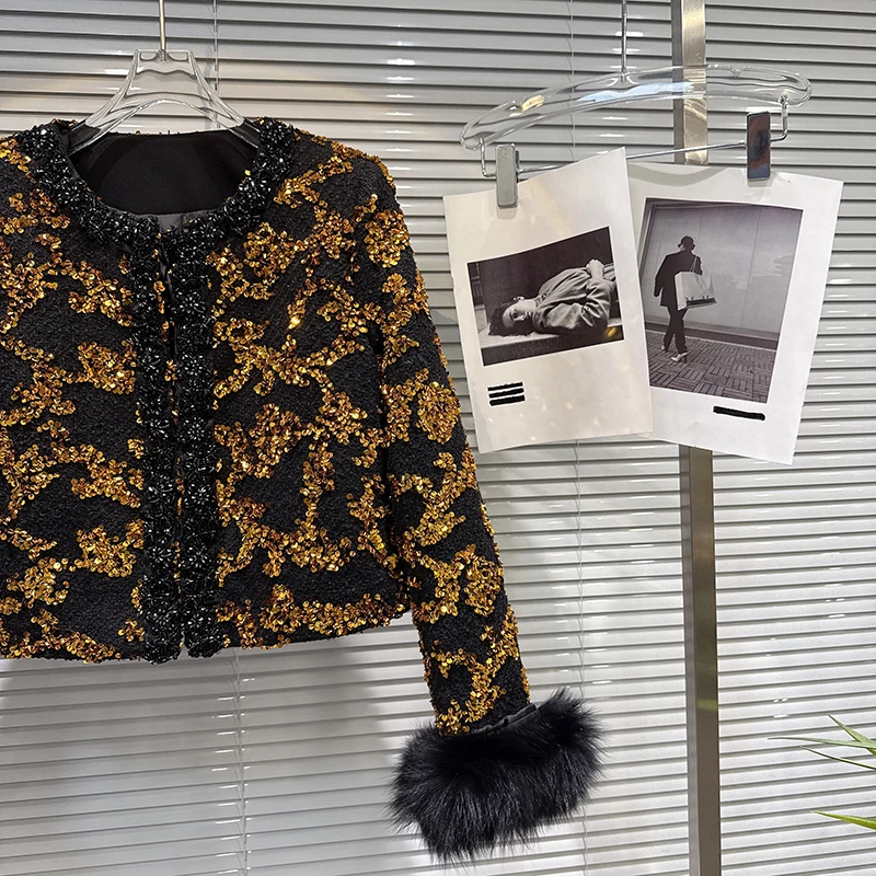 2025 Winter New Gold Bead Embroidered Nail Beaded Down Lining Jacket Women's High end Light Luxury Color Blocking Coat