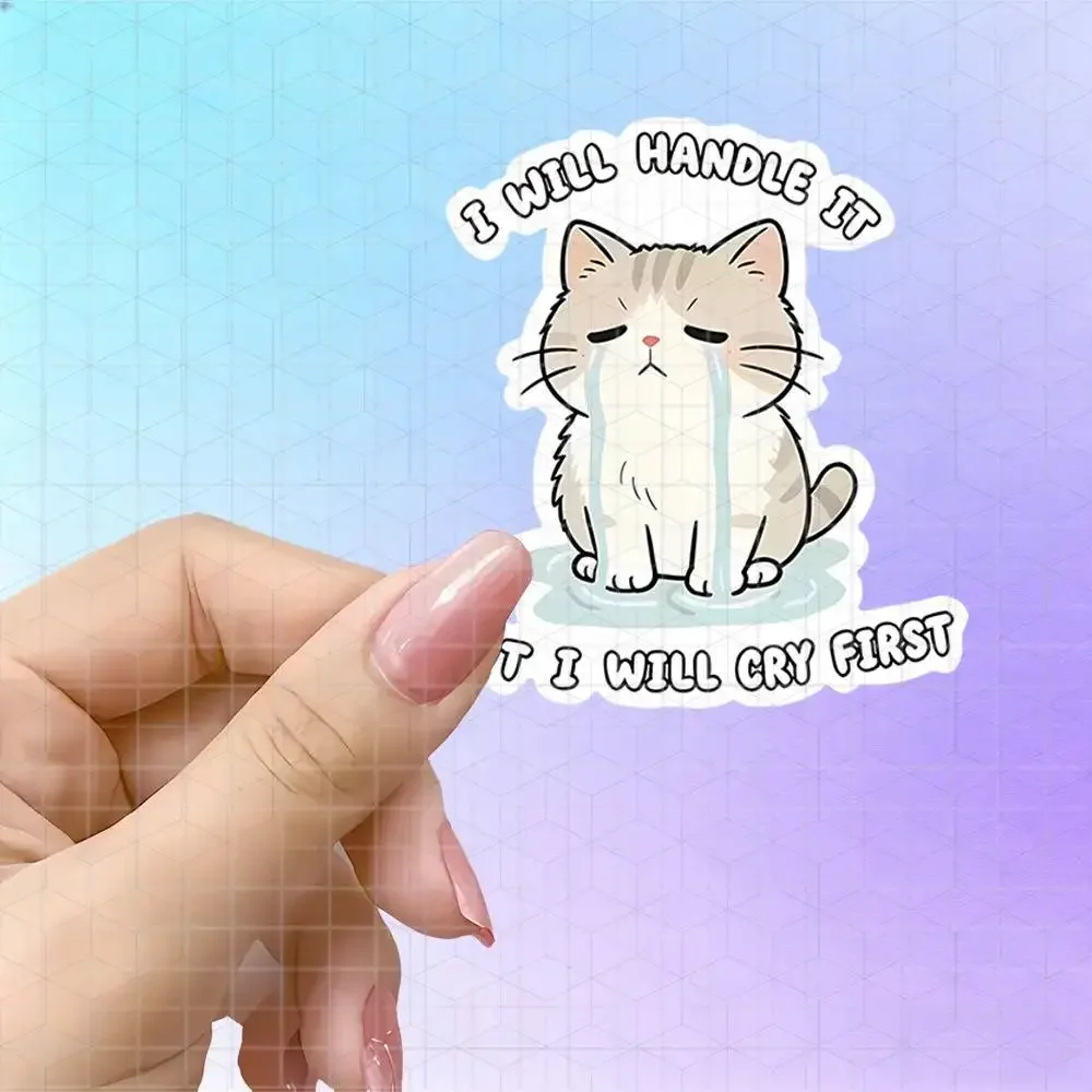 Cry First Solve Later Cute Cat Letting Go Philosophy Vinyl Sticker Matte Decal For Journal Notebook Playful