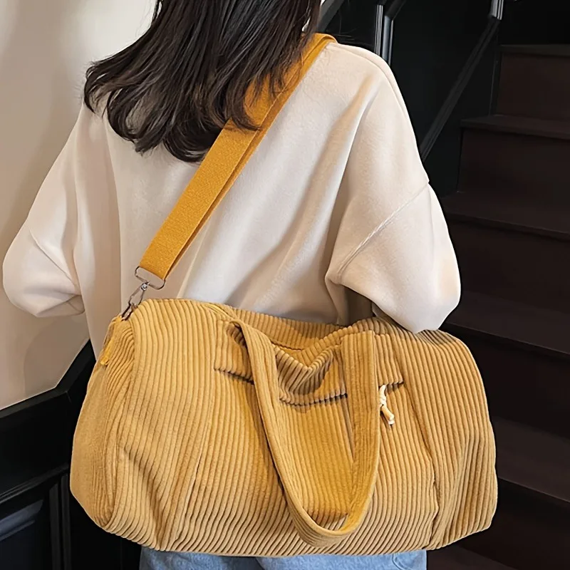 New Large Capacity Sports Fitness Bag Solid Color Portable Shoulder Bag with Adjustable Shoulder Strap Unisex Corduroy Handbag