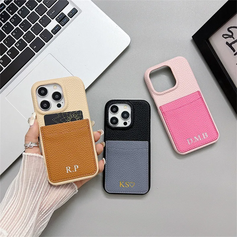 Personalizowane etui skórzane z imieniem na karty i portfel do iPhone'a 15 14 13 12 17 16Pro Max 16Plus, luksusowa, odporna na wstrząsy tylna obudowa