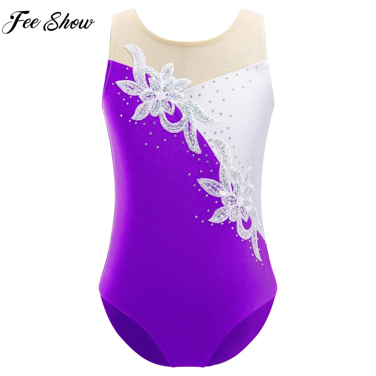 Teen Girls Ballet Dance Gymnastic Skating Leotard Dancewear Sleeveless Shiny Sheer Mesh Bodysuit Acrobatics Yoga Fitness Costume