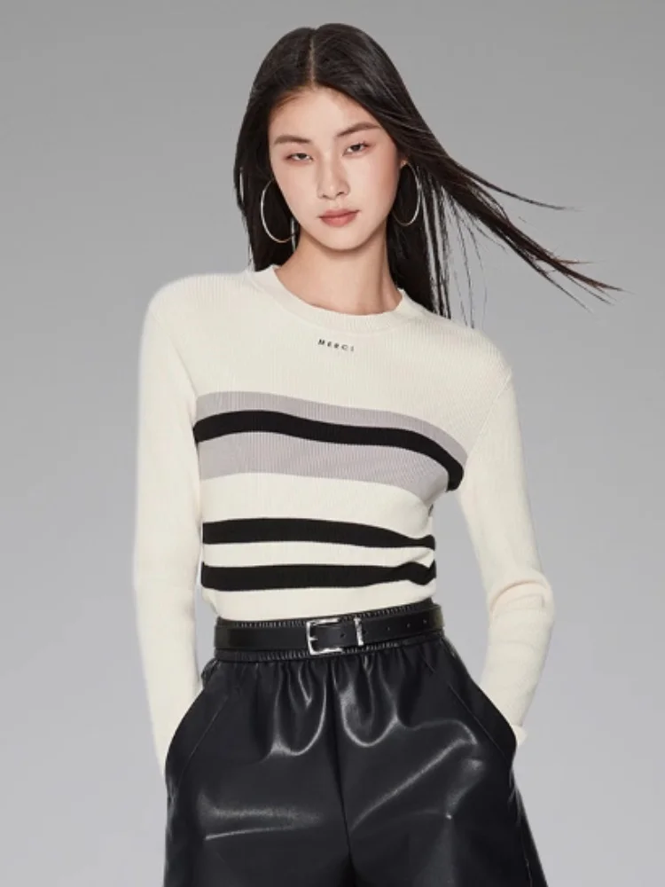 

Fall/Winter 2024 New Casual Sporty Contrasting Striped Cropped Top Women's Slim Slim Pullover Bottom Knit