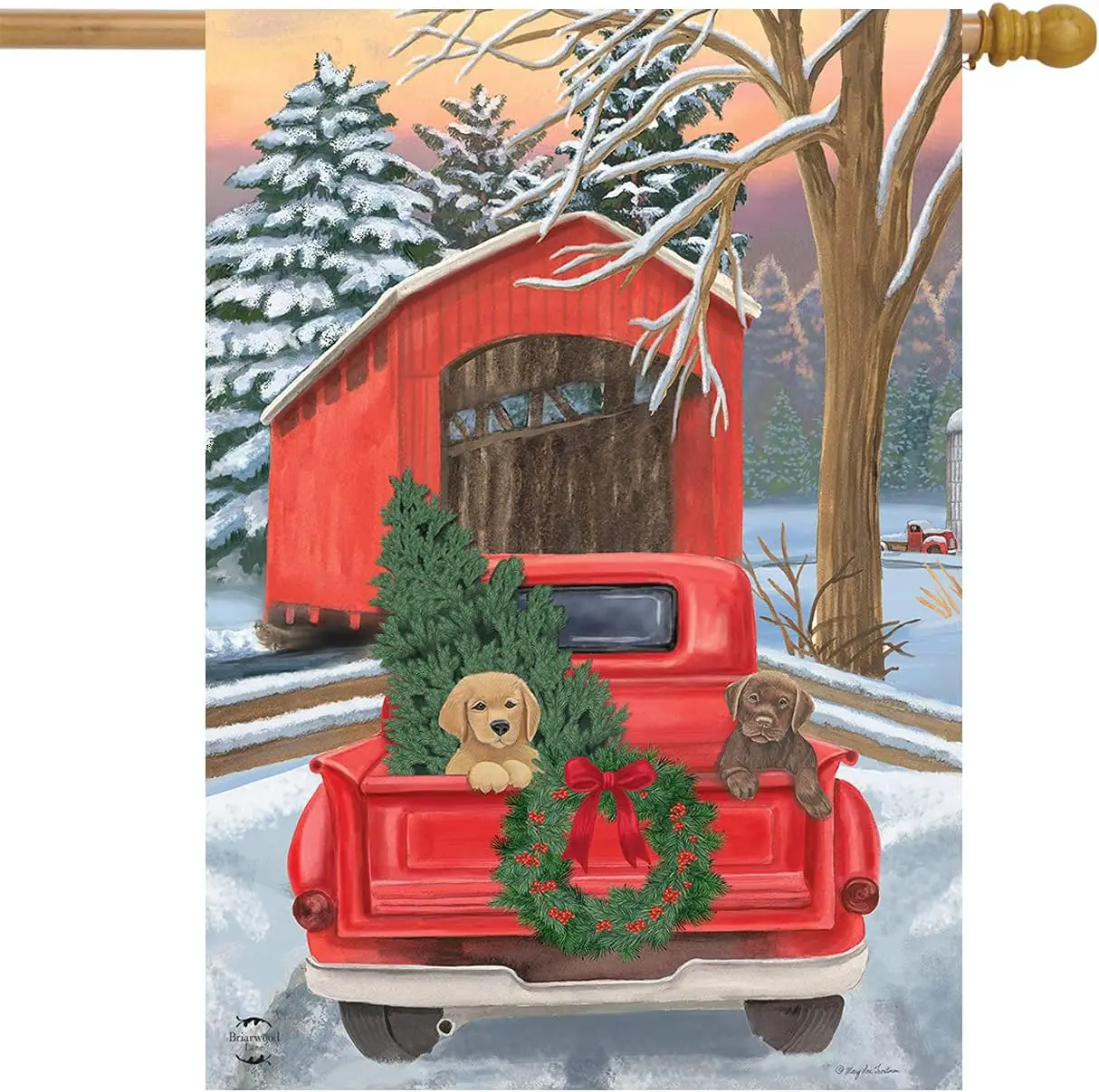 Winter Puppy Pickup House Flag Christmas Plaid 28