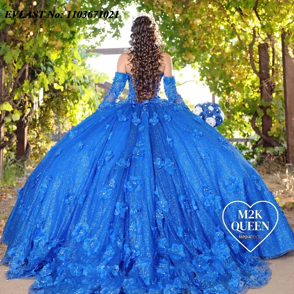 EVLAST-Vestido Princess Azul Royal Quinceanera, Manga Comprida, Applique Floral 3D, Miçangas, Doce 16 Vestido Mexicano, SQ426, 15 Anos