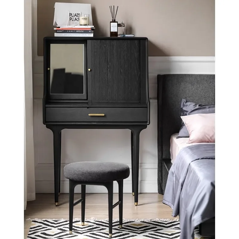 Industrial Style Solid Wood Organ Roller Shutter Cosmetic Mirror Dressing Table Bedroom Integrated Storage Makeup Table