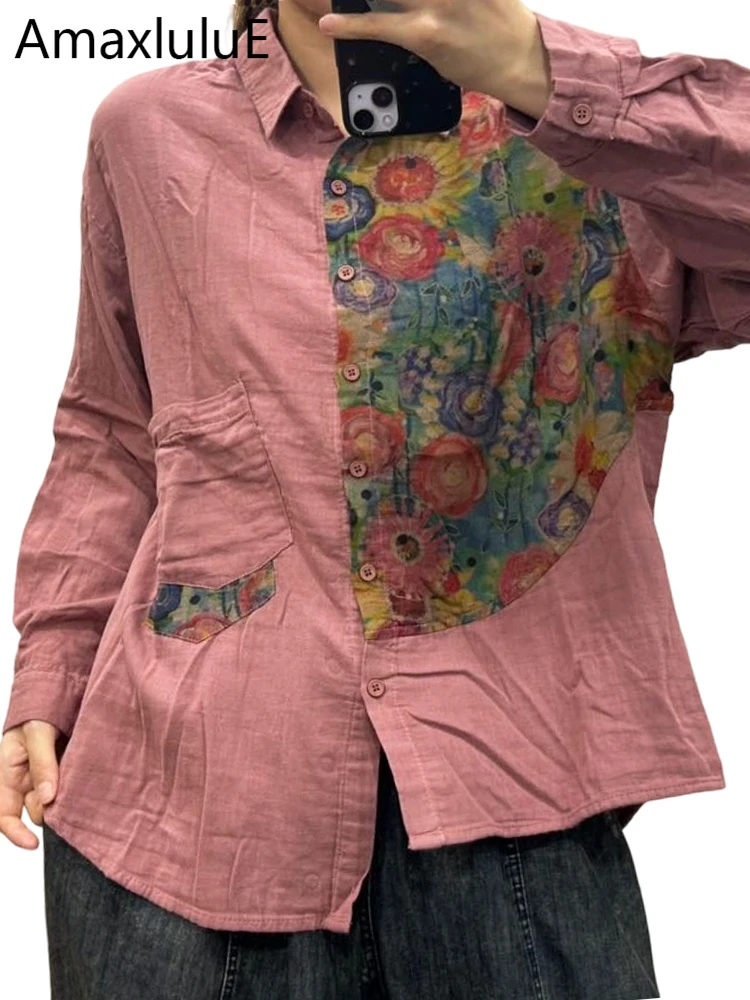 

Amax LuluE Korean Design Printed Floral Shirts Womens Fashion Causal Vintage Tops Ladies 2026 Spring Classic Patchwork Blouses