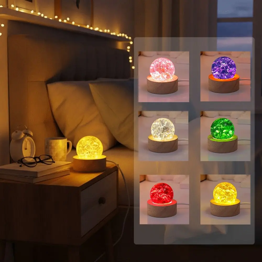 

LED Wood Stand Glass Ball Shiny Detachable Crystal Ball Night Lamp Durable Round Base Glaze Beads Glass Sphere Figurine Tabletop