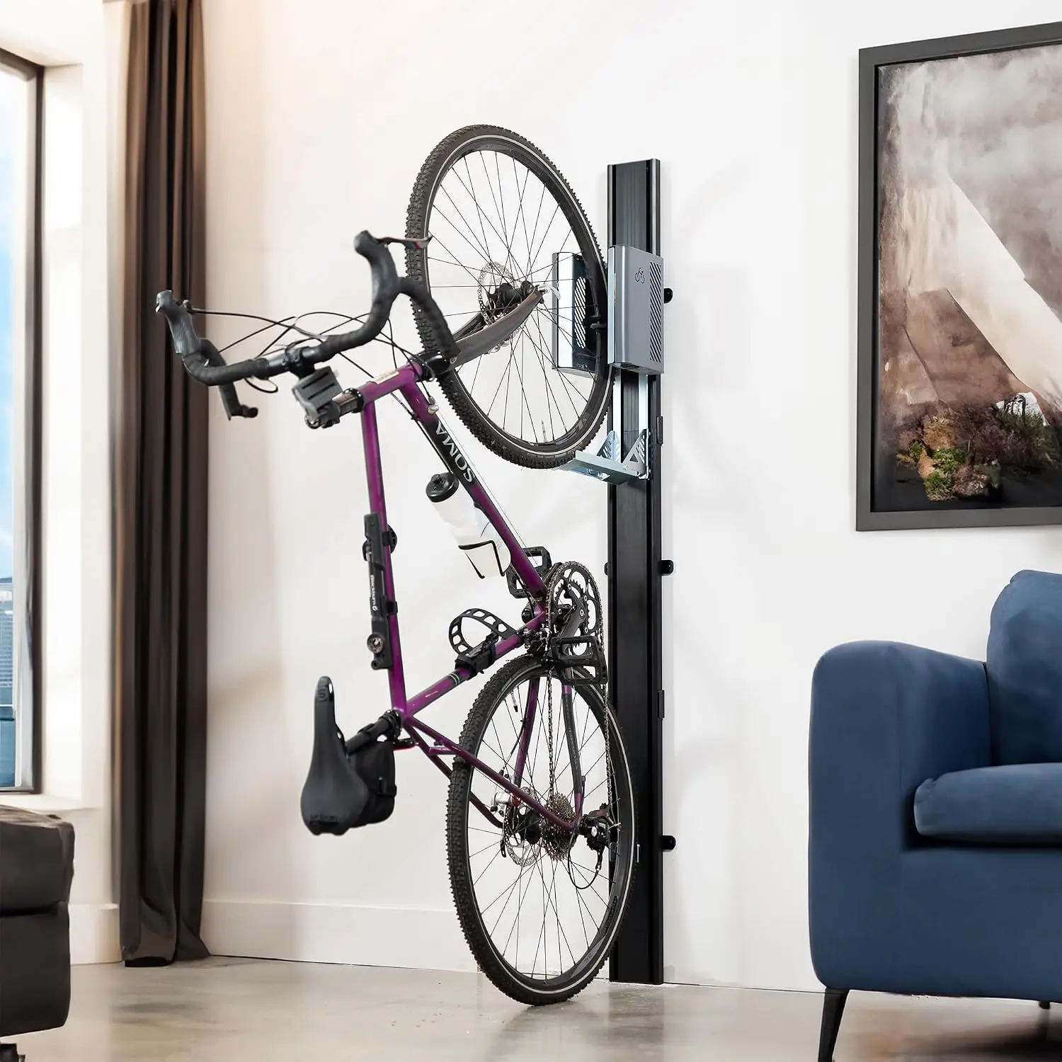 Vertical Wall‑Mounted Bike Storage Rack with Mechanical Lift, Space‑Saving Bicycle Hanger for Indoor Garage Storage, Black