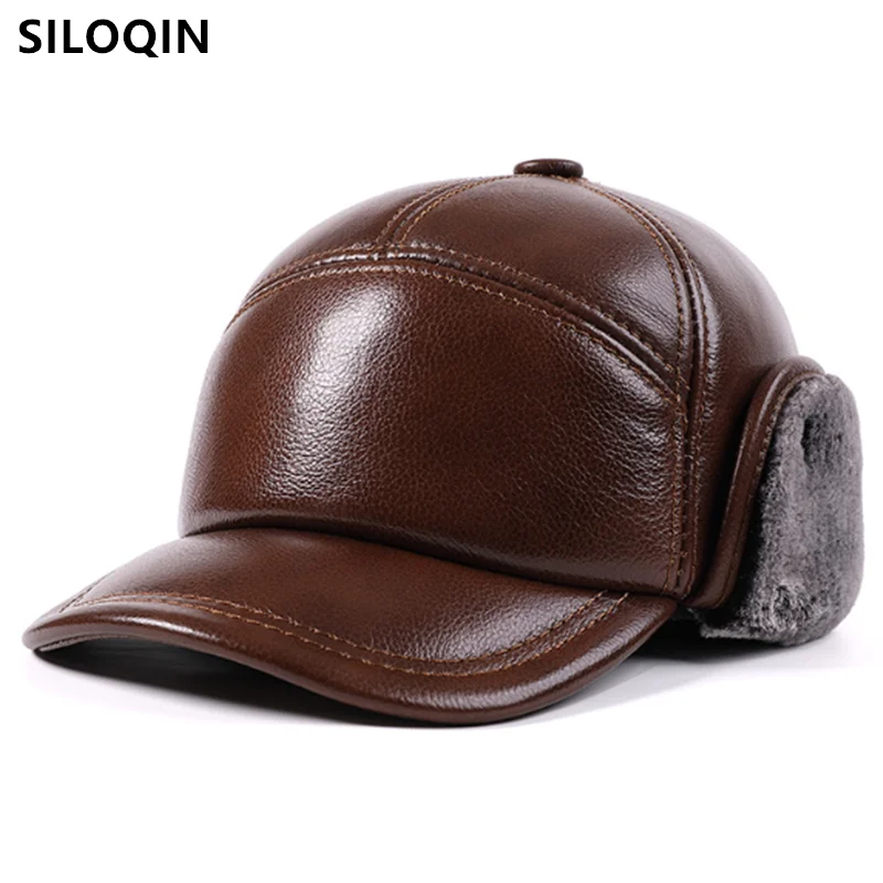 

New Winter Natural Genuine Leather Caps For Men Plush Thickened Bomber Hats Fur Warm Earmuffs Hat Cowhide Leather Cap Male Hat