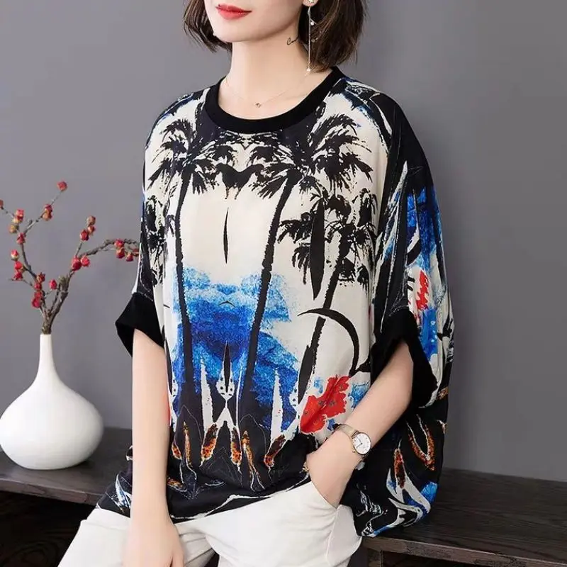 Vintage Printed All-match Chiffon Batwing Sleeve Blouse Women\'s Clothing 2023 Spring New Casual Pullovers Loose Korean Shirt