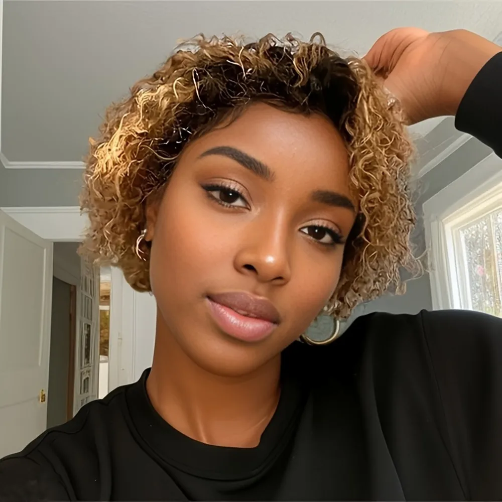 

6inch 13x1 lace short curly 150% density black/1b27 color daily party use pixie cut human hair wigs for women remy hair