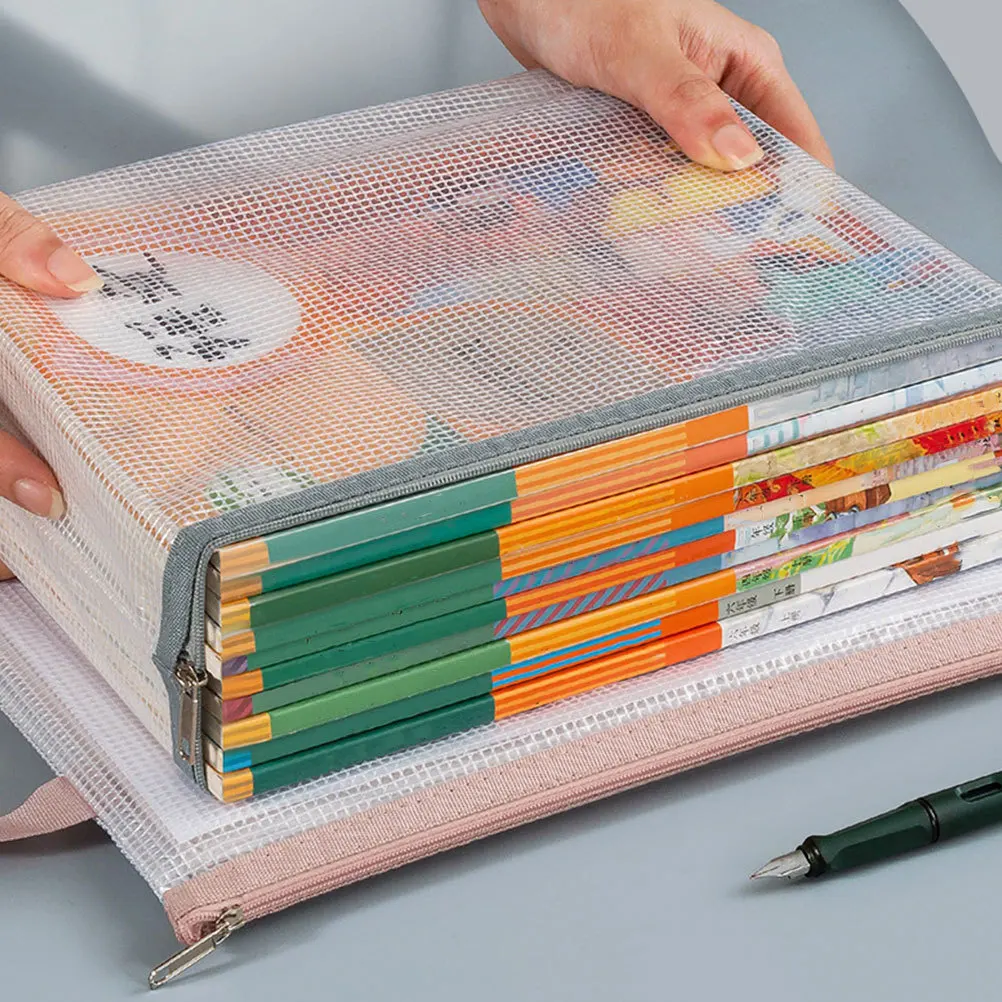 5Pcs Mesh File Bag Transparent Grid Splashproof Handheld Zipper Document Organizer Pouch Large Capacity Zipper Papers Bag