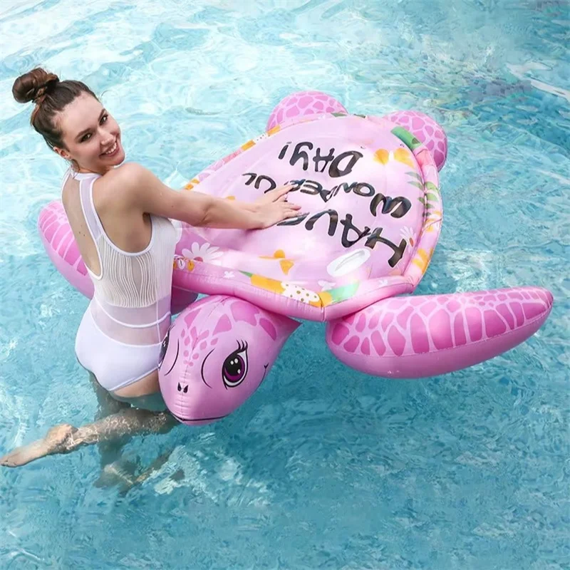 Verão ao ar livre brinquedo de água flutuante espreguiçadeira rosa tartaruga monta festa na piscina rede de água inflável com alça para criança adulto