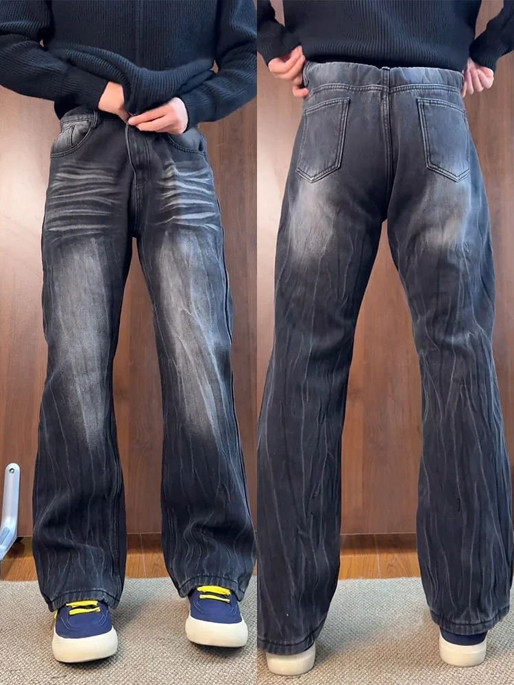 

Bla American High Street Vibe Lightning Pattern Men's Slim Straight Leg Jeans Lengthening Leg Effect High Waist Denim Pants