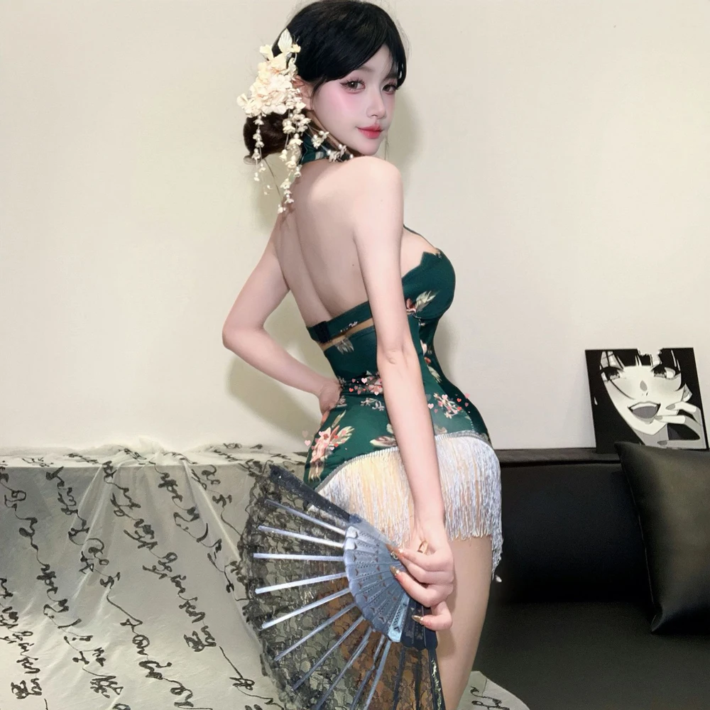 AniLV 중국어 꽃 Tassels Qipao 드레스 잠옷 섹시한 란제리 고대 Cheongsam 유니폼 유혹 의상 에로틱 한 의상