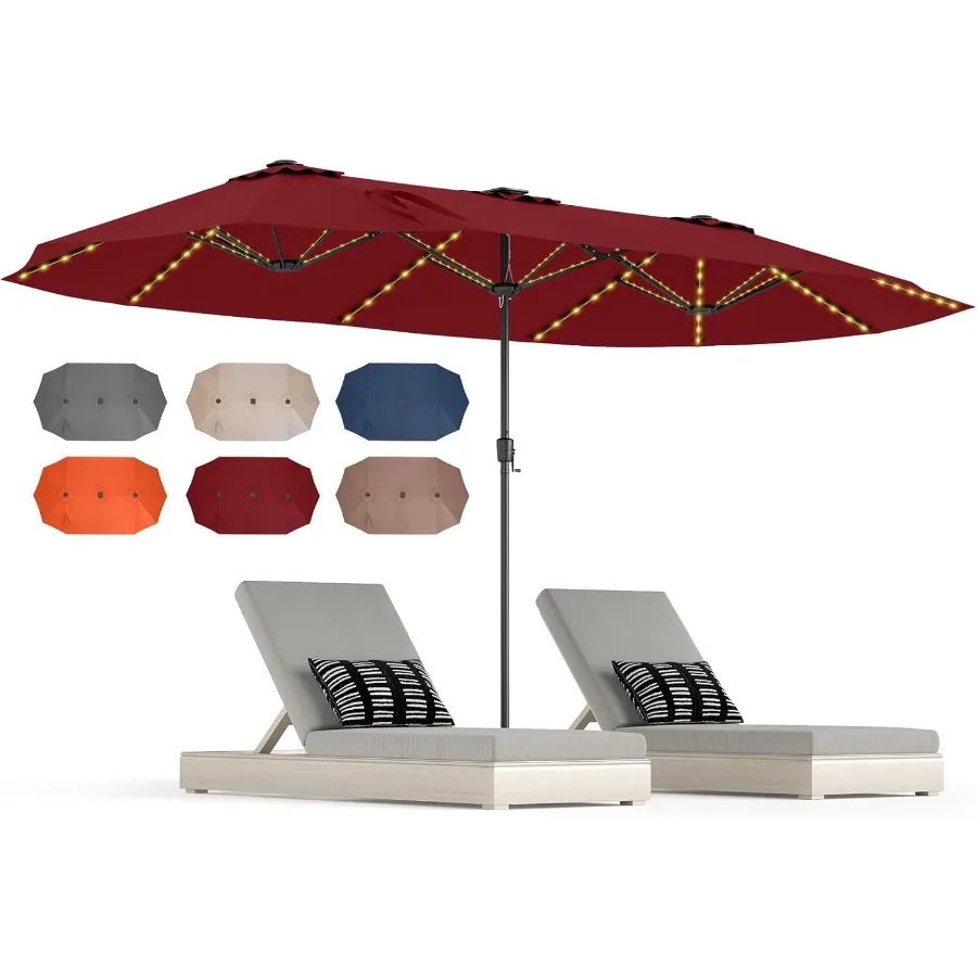 15.5 FT Doublesided Patio Umbrella with Solar Lights for Outdoor Garden Deck Poolside Use Oversized Rectangle Design with Crank