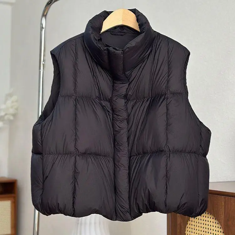 

Women's Du down Vest Thiened Warm Loose Slimming Stand Collar Jaet Korean Sle Commute Wind White Du Feather Fill