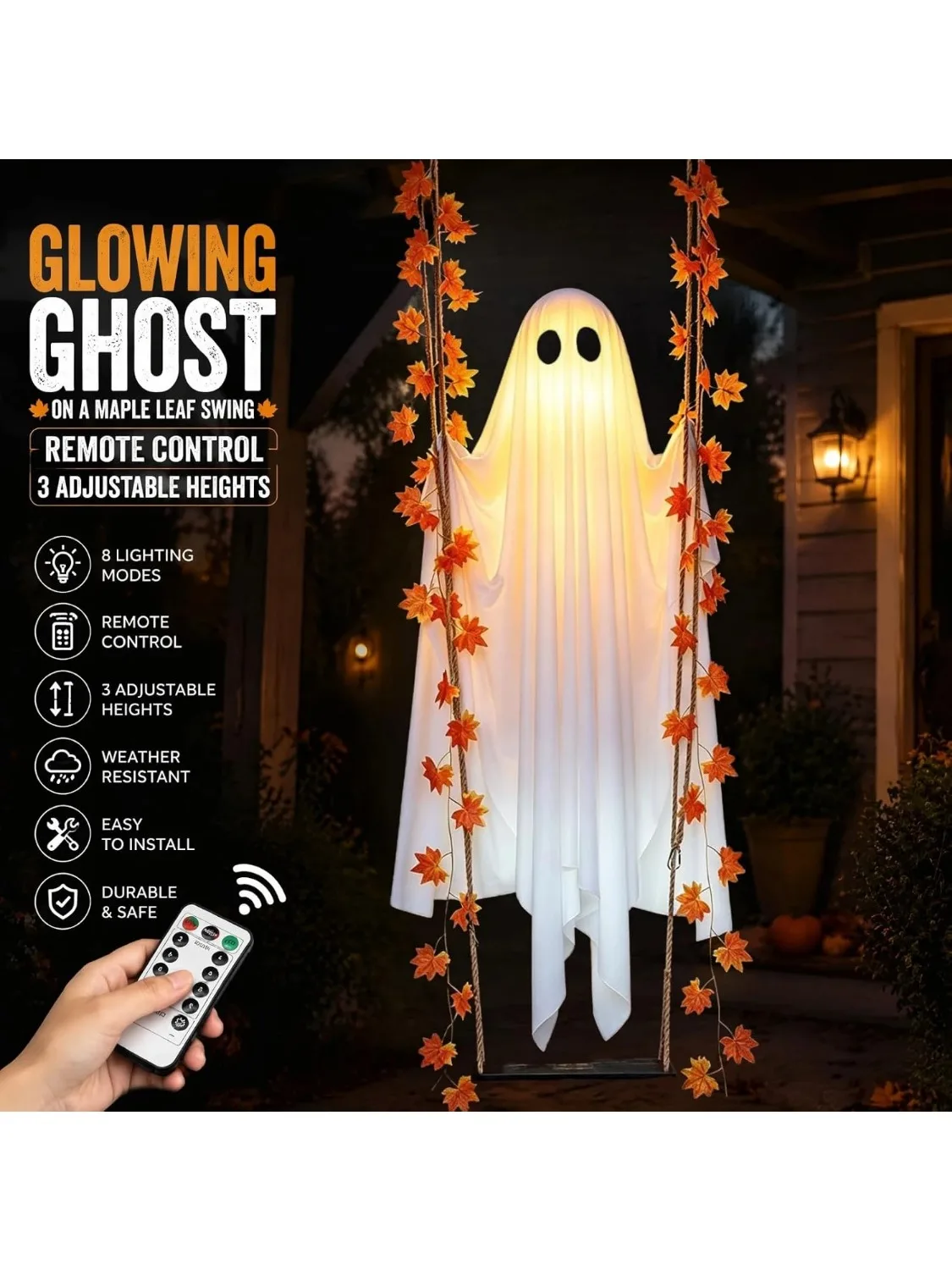 Świecąca wisząca huśtawka z duchem na Halloween, regulowana jasność, ozdoba ogrodowa z latającym duchem na huśtawce, sterowana pilotem LED. — 2