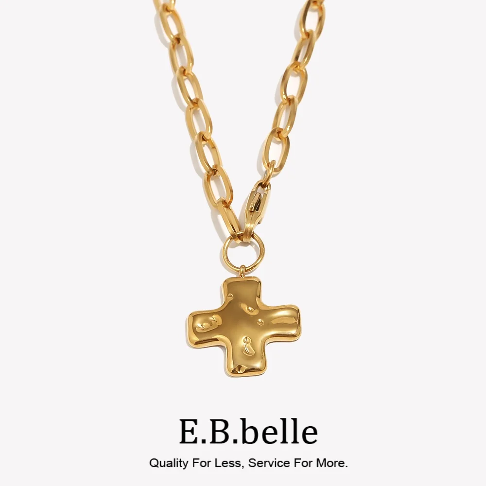 E.B.belle Wide Textured Polished Cross Pendant Women's Necklaces 18K Gold Plated Stainless Steel Chain Fashion Women Necklace
