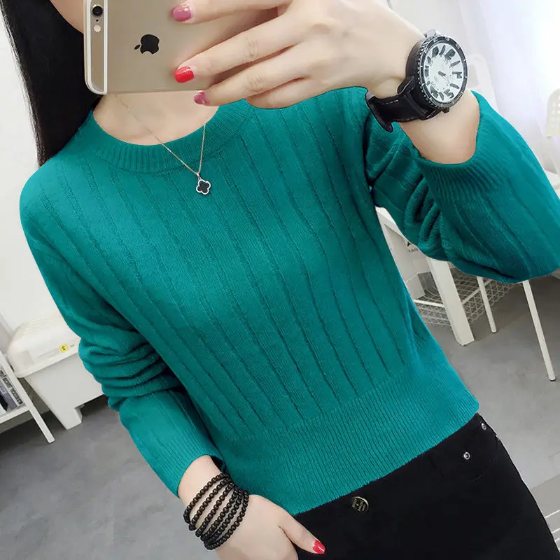 Spring Autumn New Fashion Round Neck Long Sleeve Solid Pullovers Women\'s Clothing Slim Knitting Bottoming Shirt All-match Top