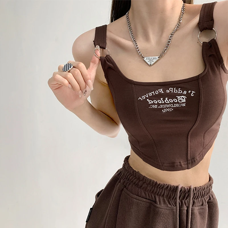American Retro Embroidered Iron Ring Halter Vest Short Sexy Slimming Chest Exposing Outerwear Top Women's Fashion Summer