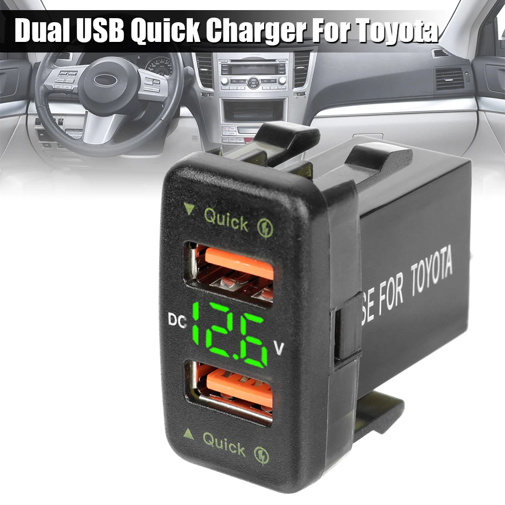 Power Adapter For Toyota 12-24V Voltmeter LED Car Accessories QC Car Socket Charger Dual USB Quick Charge For Mobile Phone