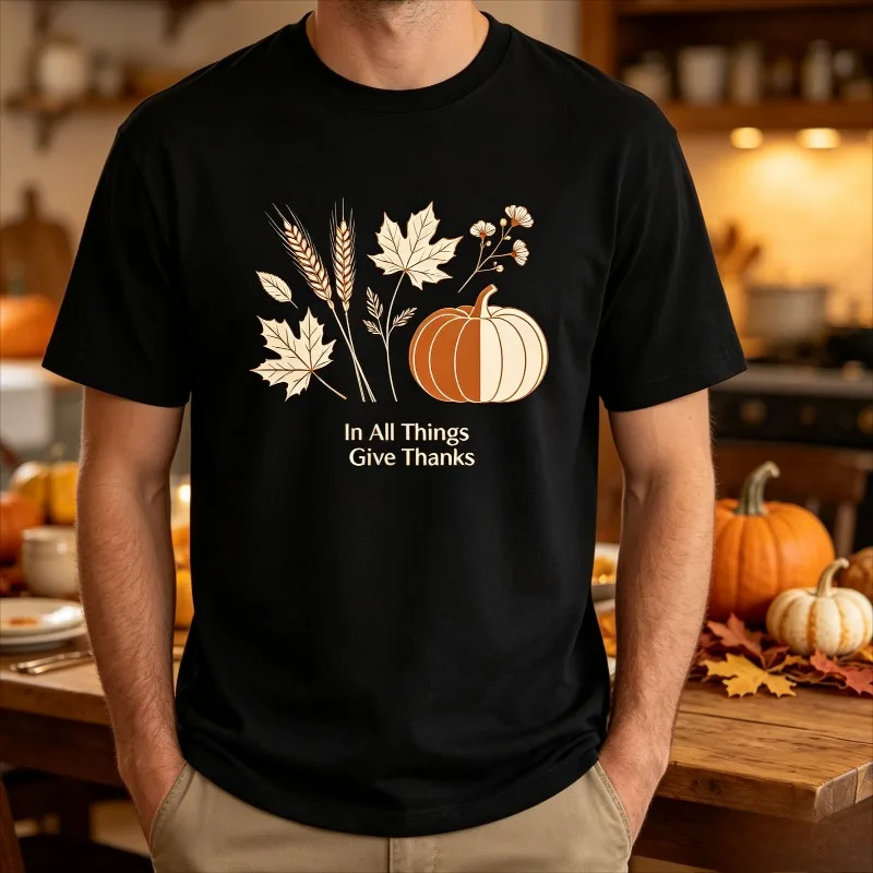“In All Things Give Thanks” Pumpkin Maple Leaf Wheat Graphic T-Shirt Men’s Soft Modal Crewneck Tee Casual Top