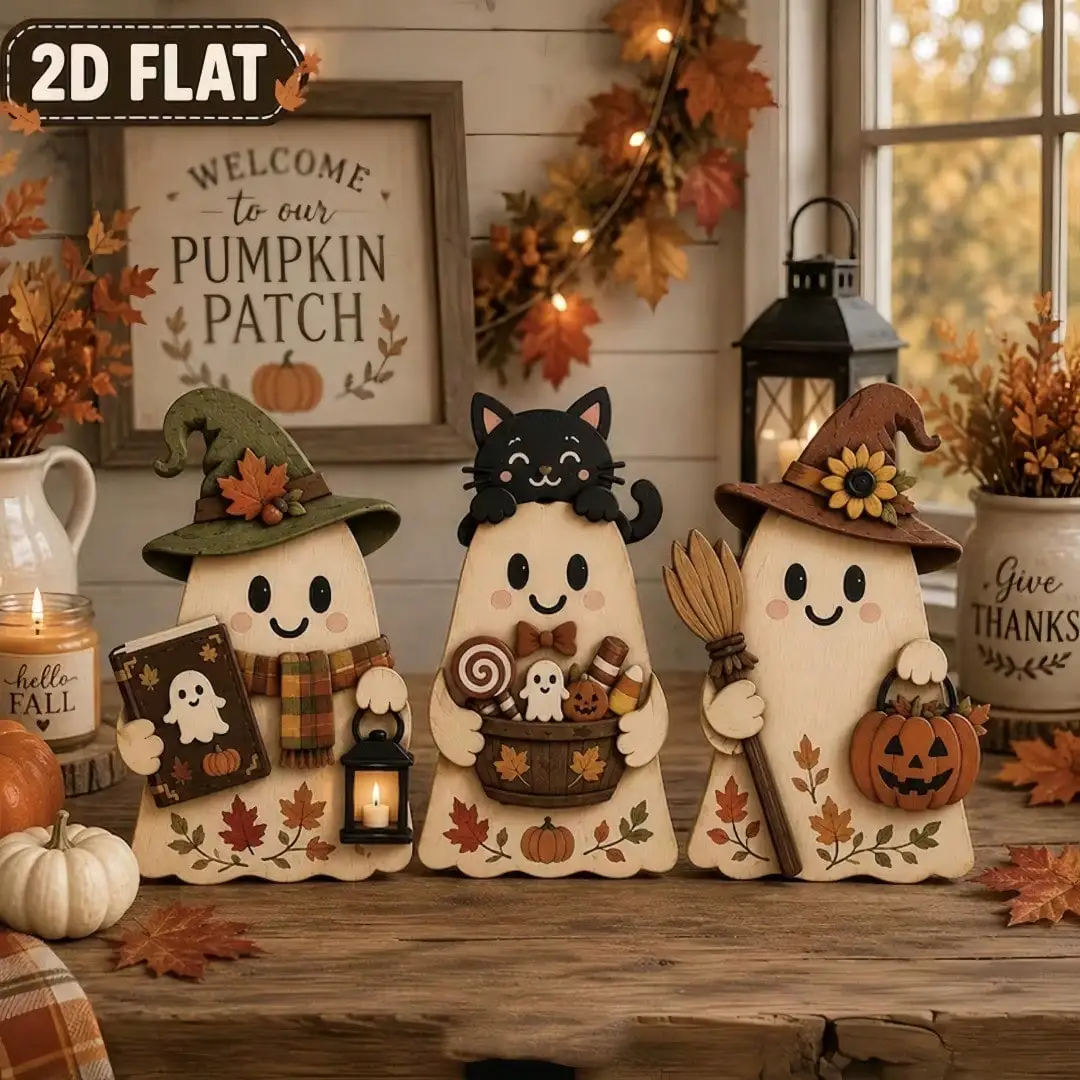 Dekorative Herbst-Ornamente aus Holz, bestehend aus drei Teilen, niedliche Herbst-Regaldekorationen, geeignet für Halloween, Weihnachten, Thanksgiving, als Tischdekoration, für den Schreibtisch im Büro, das Wohnzimmer – Detail 9