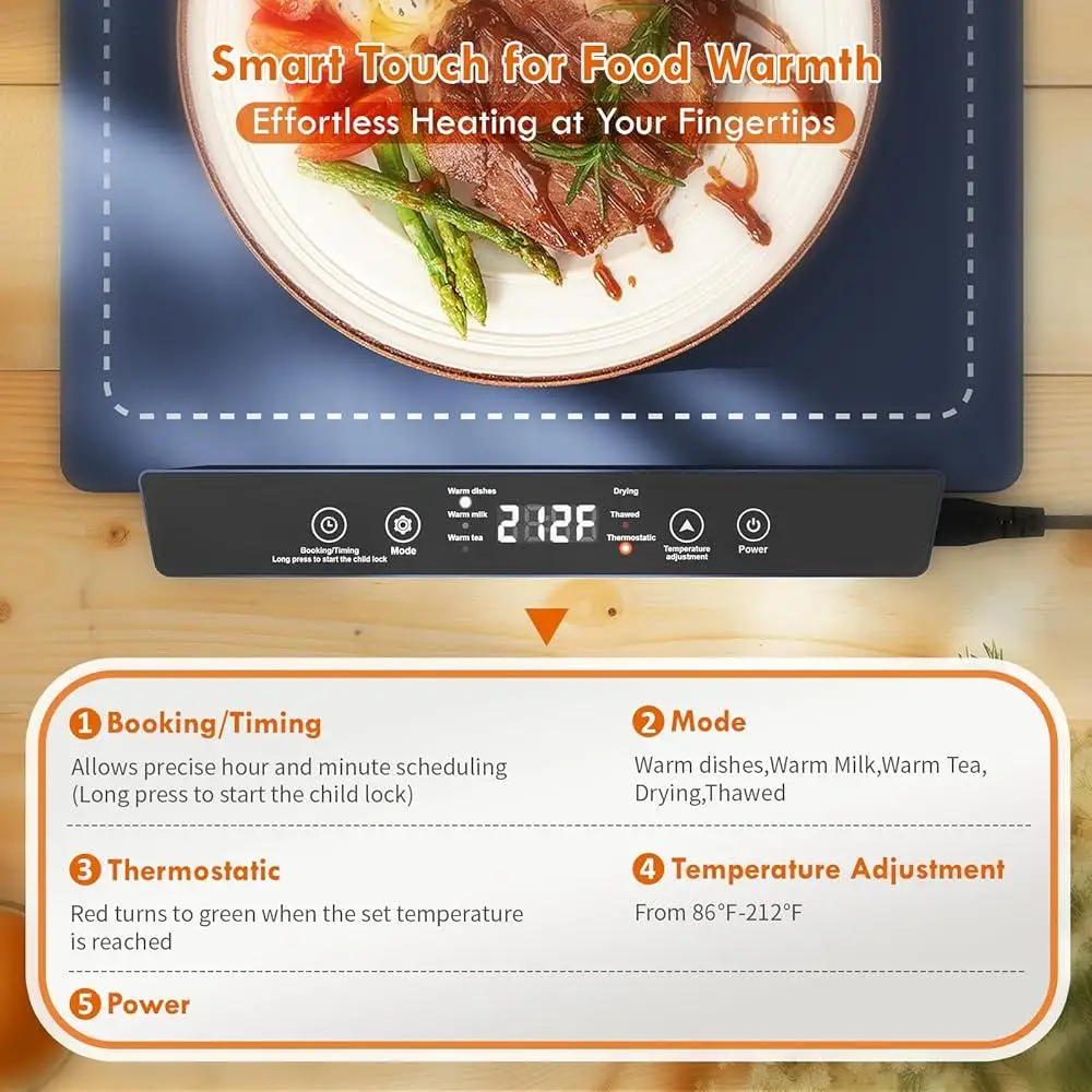 Electric Food Warming Tray Silicone Heat Mat with 8 Adjustable Temp Settings Fast Graphene Heating Compact Foldable Design Touch
