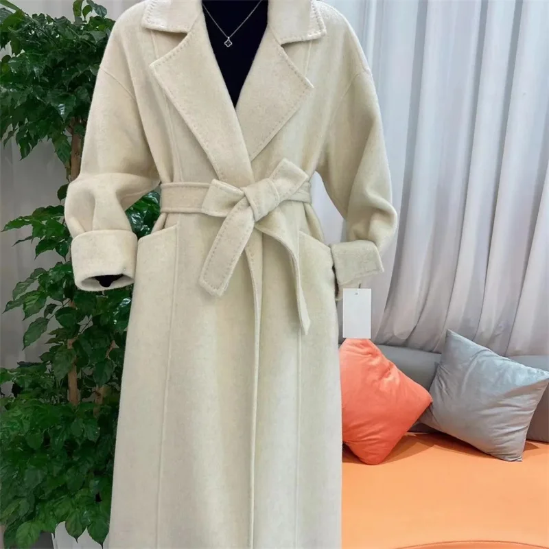 

2026 зимняя куртка с рябью, двустороннее шерстяное кашемировое пальто, высококачественный халат, стильная ветровка, женский пояс, длинный, толстый, теплый