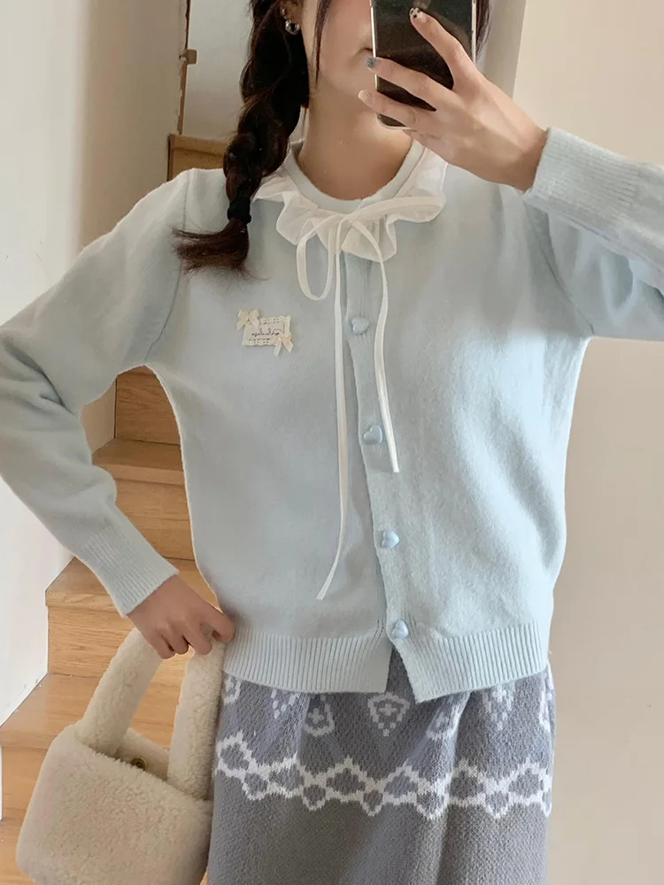 Zoki Ruffles Dolce Cardigan Donna Carino Manica lunga Fiocco Maglioni Stile Preppy O Collo Giappone Kawaii Lettera Lace Up Bottoni d'amore Top