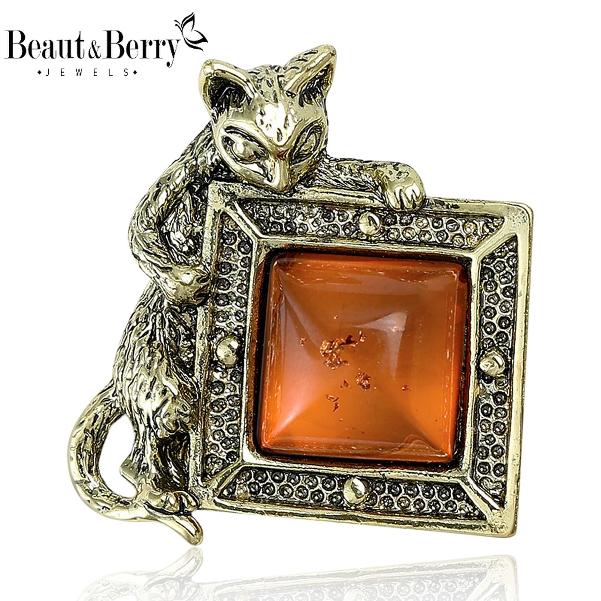 Beaut&Berry Classic Cat's Eye Stone Kitten Brooches for Women Animal Pins Casual Party Accessories New Gifts Friends Decoration