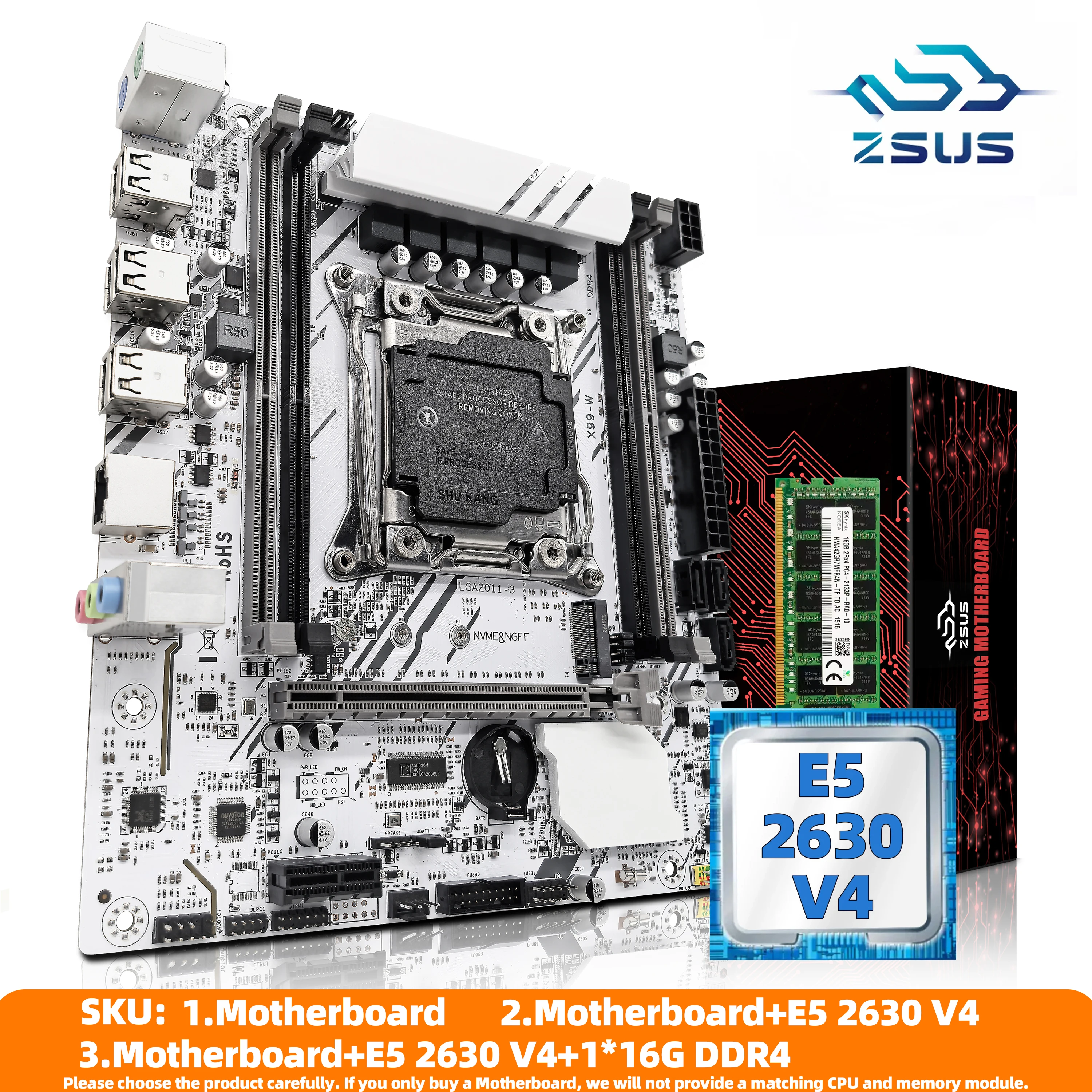 ZSUS X99-White Motherboard Set Kit With Intel LGA2011-3 Xeon E5 2630 V4 CPU DDR4 16GB (1*16GB) 2133MHZ RAM Memory NVME M.2 SATA